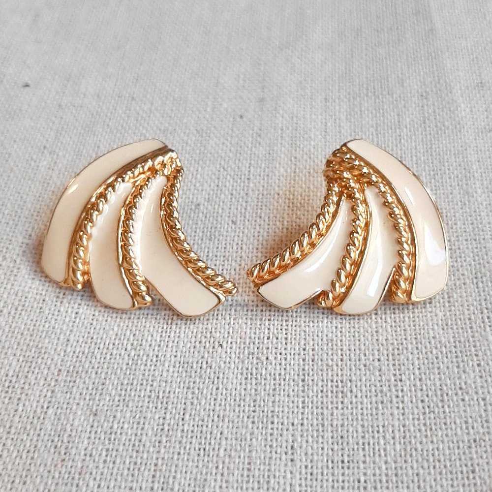 Anne Klein Signed Enamel & Gold Tone Fan Post Back Earrings